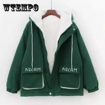 Женские зимние хлопковые пальто большого размера в стиле Харадзюку, плюшевые утолщенные короткие хлопковые пальто, однотонные, свободные, повседневные, универсальные пальто с капюшоном XXL бежевый