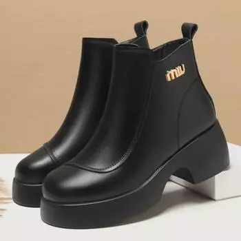 «Женские зимние хлопковые полусапожки с толстым каблуком и подошвой, плюс бархатная подкладка для тепла, подходят для женщин среднего возраста» 39