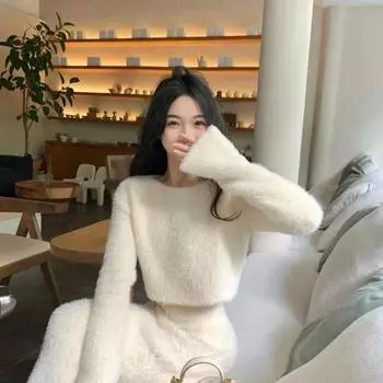 Женские зимние комплекты юбок с круглым вырезом, однотонные вязаные свитера, юбки до середины голени, винтажные модные комплекты из двух предметов, женские наряды XL белый