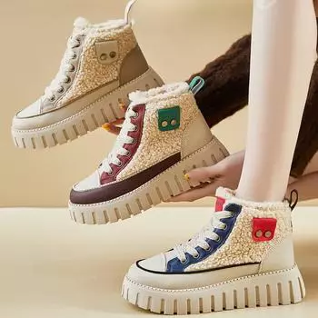 Женские зимние короткие ботинки на толстой платформе, нескользящие зимние ботинки, прогулочные ботинки со шнуровкой и подкладкой из искусственного меха, теплые флисовые высокие кроссовки для женщин 35 синий