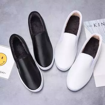 Женские зимние кожаные и бархатные нескользящие водонепроницаемые туфли на плоской подошве из хлопка - теплые, удобные, универсальные повседневные кроссовки 41 Women s белый