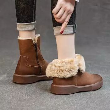 Женские зимние кожаные сапоги с плюшевой подкладкой для девочек, удобные, теплые, на плоской подошве 43 чёрный