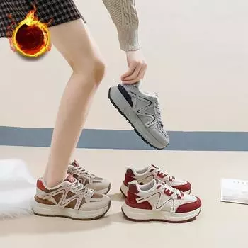 Женские зимние кроссовки для бега на толстой платформе, нескользящие, со шнуровкой, с подкладкой из искусственного меха, для ходьбы, теплые кроссовки для тенниса с флисовой подкладкой для женщин 35