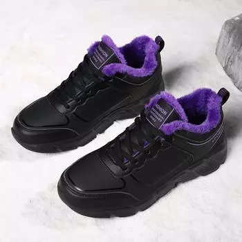 Женские зимние кроссовки для бега на толстой платформе, нескользящие, со шнуровкой, с подкладкой из искусственного меха, для ходьбы, теплые кроссовки для тенниса с флисовой подкладкой для женщин 35 чёрный