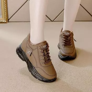 Женские зимние кроссовки для ходьбы с противоскользящим покрытием, кроссовки на шнуровке, теплые короткие зимние ботинки с подкладкой из искусственного меха, повседневные удобные ботильоны для женщин 35 чёрный