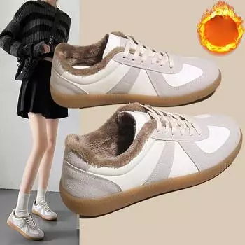 Женские зимние кроссовки на плюшевой подкладке, уличные повседневные слипоны на шнуровке, теплая спортивная обувь для бега, зимние туфли из искусственной кожи с подкладкой из искусственного меха для женщин 35 бежевый