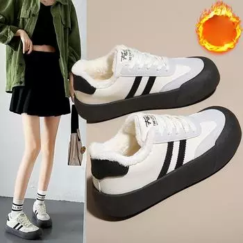 Женские зимние кроссовки на плюшевой подкладке, уличные повседневные слипоны на шнуровке, теплая спортивная обувь для бега, зимние туфли из искусственной кожи с подкладкой из искусственного меха для женщин 35 чёрный