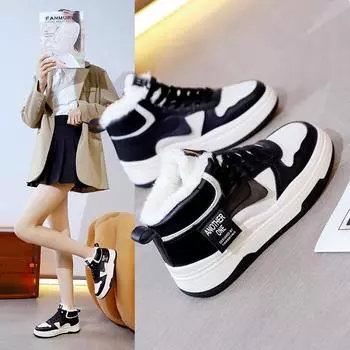 Женские зимние кроссовки на подкладке из искусственного меха, уличная противоскользящая спортивная обувь на толстой подошве, теплые кроссовки на плюшевой подкладке, спортивная обувь из искусственной кожи для женщин 35 чёрный