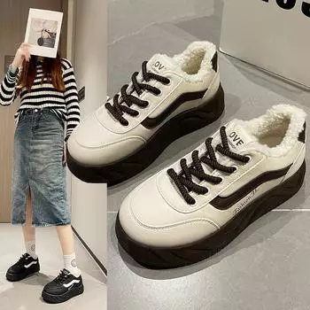 Женские зимние кроссовки на подкладке из искусственного меха, уличные нескользящие теплые кроссовки из искусственной кожи, модная повседневная спортивная обувь с флисовой подкладкой для женщин 35