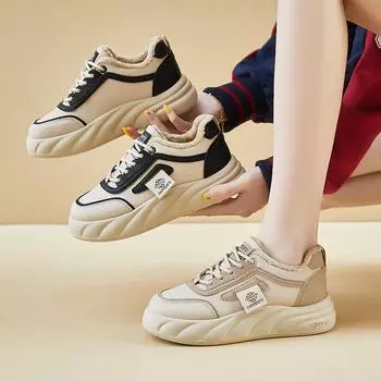 Женские зимние кроссовки на толстой платформе, теплые нескользящие прогулочные туфли на шнуровке с подкладкой из искусственного меха, удобные теннисные кроссовки с подкладкой из флиса для женщин 35 бежевый