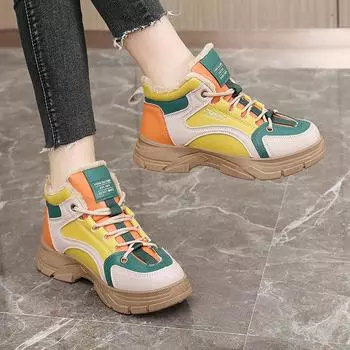 Женские зимние кроссовки на толстой платформе, теплые зимние ботинки со шнуровкой, нескользящие полусапожки с подкладкой из искусственного меха, удобные короткие ботинки для ходьбы для женщин 35 темно-коричневого