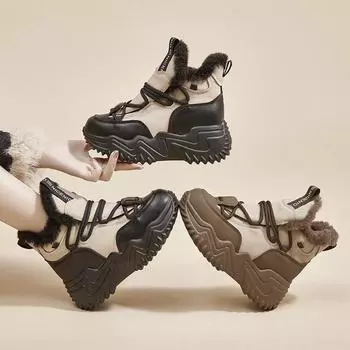 Женские зимние кроссовки средней высоты на толстой подошве из натуральной кожи с бархатной подкладкой, увеличивающие рост 37