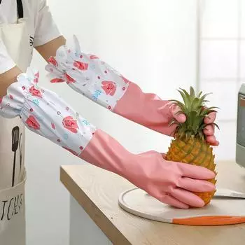 Женские зимние кухонные перчатки: Толстая резина с бархатной подкладкой для мытья посуды и стирки