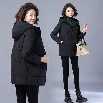 Женские зимние куртки, пальто, парки, женская толстая хлопковая куртка свободного размера, пальто средней длины с капюшоном, базовое пальто XXXXXL чёрный