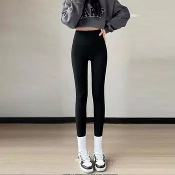 Женские зимние леггинсы из бархата и эластичного материала, теплые, плотные, с высокой талией, повседневные, облегающие, универсальные брюки для йоги M чёрный