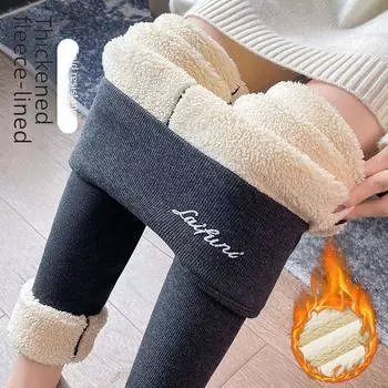 Женские зимние леггинсы из овчины с высокой талией и бархатом, вышитые детали, большие размеры, очень толстые теплые хлопковые брюки для верхней одежды Small Size [80-105 lbs]