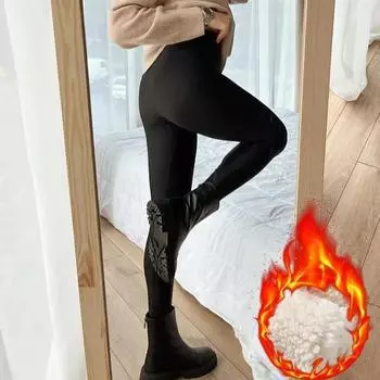 Женские зимние леггинсы, термобархатные хлопковые утягивающие колготки с флисовыми брюками, черные эластичные серые толстые теплые леггинсы для женщин M чёрный