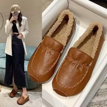 Женские зимние лоферы на подкладке из искусственного меха, уличная домашняя нескользящая теплая обувь из искусственной кожи, повседневная легкая женская обувь на плоской подошве с флисовой подкладкой