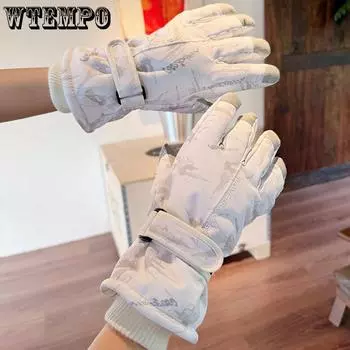Женские зимние лыжные перчатки Теплые ветрозащитные и водонепроницаемые перчатки Холодные перчатки с толстым бархатом для сенсорных экранов Зимние велосипедные перчатки one size белый