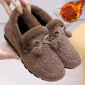 Женские зимние меховые мокасины, теплые уютные тапочки, подкладка из флиса, нескользящая домашняя обувь, туфли на плоской подошве для дома и улицы с бабочкой 40 чёрный