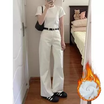 Женские зимние мешковатые брюки широкого кроя с высокой талией, белым флисом и плотными джинсами S