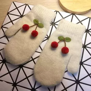 Женские зимние милые теплые варежки с полным пальцем, вязаные перчатки Cherry Plus Velvet Inside, утолщенные, ветрозащитные, мягкие, женские One Size