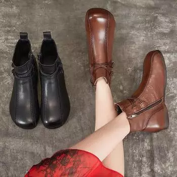 Женские зимние модные ботинки на плоской подошве из хлопка, натуральная кожа, мягкая подошва, ретро, универсальные, однотонные, короткие ботинки 35 коричневый