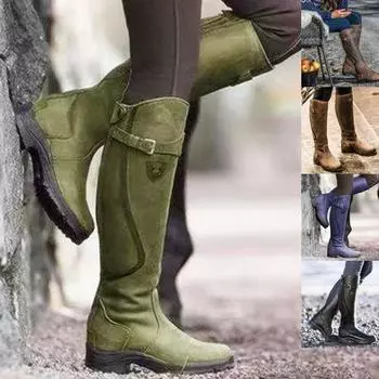 Женские зимние модные кожаные ботинки на низком каблуке, рыцарские ботинки на молнии, винтажные уличные сапоги для верховой езды, высокие сапоги до колена 35 чёрный