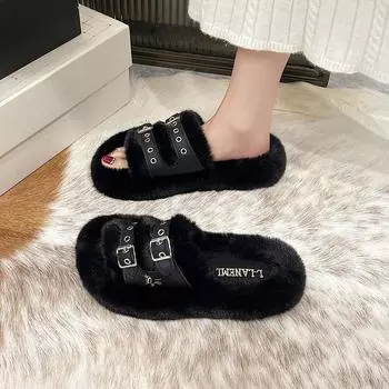 Женские зимние модные мягкие теплые новые удобные тапочки на плоской подошве с мехом, уличные пушистые тапочки, домашняя мягкая плюшевая обувь, женские роскошные тапочки 35 бежевый