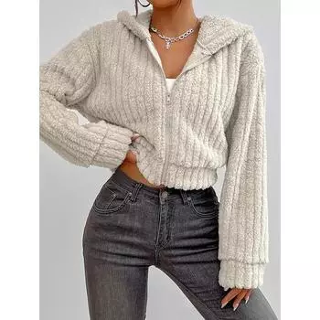 Женские зимние модные пальто с капюшоном на молнии короткие плюшевые топы повседневные куртки с длинным рукавом для женщин S легкие хаки