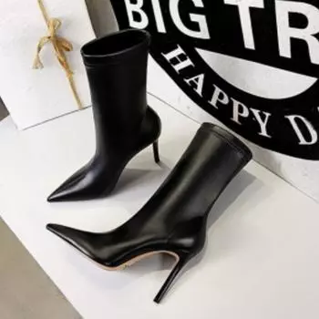 Женские зимние модные простые ботинки на высоком каблуке в европейском и американском стиле, тонкие короткие сапоги на высоком каблуке 40 теплый черный