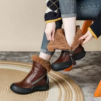 Женские зимние модные теплые плюшевые женские ботинки из натуральной кожи с нескользящей мягкой подошвой, удобные короткие ботинки с боковой молнией 35-Plush чёрный