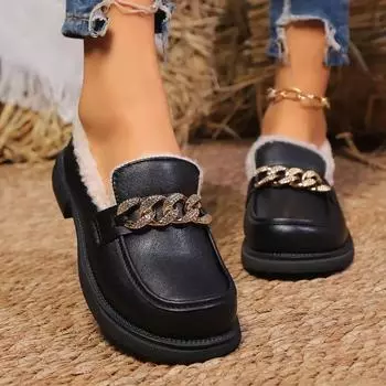 Женские зимние мокасины с квадратным каблуком и круглым носком, сохраняющие тепло, женская обувь для отдыха на открытом воздухе, бархатная подкладка, повседневные поездки на работу, металлические украшения 35