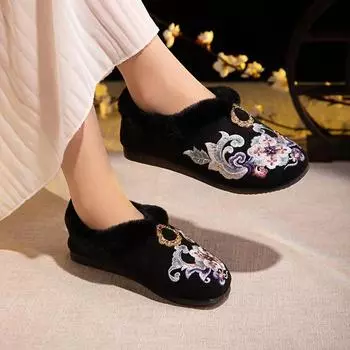 Женские зимние мокасины, тапочки, нескользящие, вышитые, мокасины с подкладкой из искусственного меха, домашняя обувь для улицы и дома, теплая обувь на плоской подошве для прогулок для женщин 35