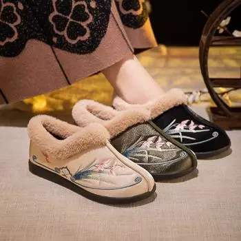 Женские зимние мокасины-тапочки, вышитые мокасины с подкладкой из искусственного меха, домашняя обувь для отдыха на открытом воздухе, теплые прогулочные кроссовки, обувь на плоской подошве для женщин 35