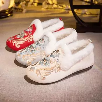 Женские зимние мокасины, тапочки, вышитые мокасины с подкладкой из искусственного меха, удобная домашняя обувь для отдыха на открытом воздухе, теплая обувь на плоской подошве для прогулок для женщин 35 красный