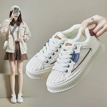 Женские зимние низкие кроссовки на меховой подкладке. Уличные зимние туфли без шнуровки на толстой подошве. Теплая повседневная спортивная обувь на плоской подошве со шнуровкой на флисовой подкладке для женщин.