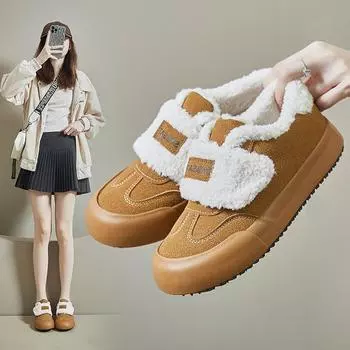 Женские зимние низкие кроссовки на меховой подкладке. Уличные зимние туфли без шнуровки на толстой подошве. Теплая повседневная спортивная обувь на плоской подошве с плюшевой подкладкой для женщин.