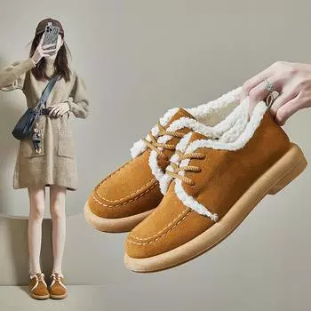 Женские зимние низкие туфли-лоферы на меховой подкладке, уличные туфли без шнуровки на флисовой подкладке, теплые повседневные туфли из искусственной замши на плоской платформе со шнуровкой для женщин