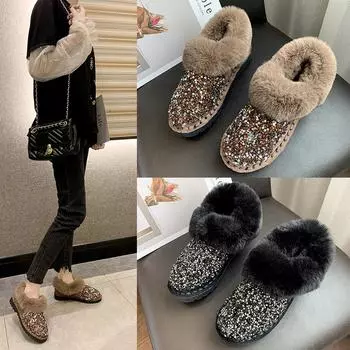 Женские зимние низкие туфли на подкладке из искусственного меха. Уличные противоскользящие зимние ботинки. Теплые короткие сапоги на плюшевой подкладке для женщин. Лоферы из искусственной кожи с блестками.