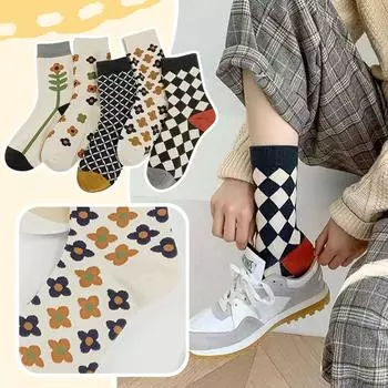 Женские зимние носки с узором «Камелия» и шахматной доской, модные и универсальные, комплект из пяти пар One Size белый