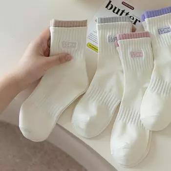 Женские зимние носки средней длины из хлопка - двойные манжеты с вышитыми буквами, модные, теплые и удобные спортивные носки One Size