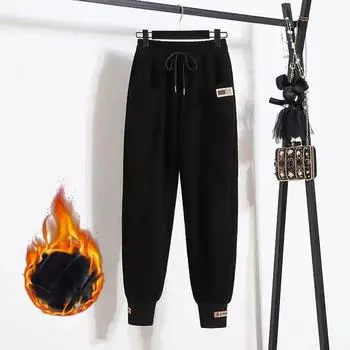 Женские зимние однотонные брюки с высокой талией, утолщенные, больших размеров, простые, свободные, теплые, с завязками на шнурке XXS