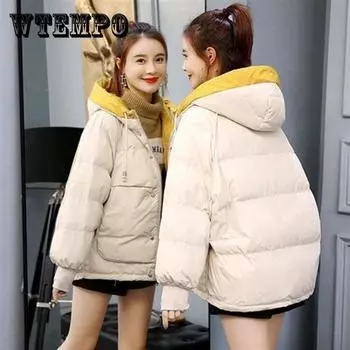 Женские зимние однотонные хлопковые пальто с капюшоном, свободные утепленные короткие ватные куртки большого размера XXXL бежевый