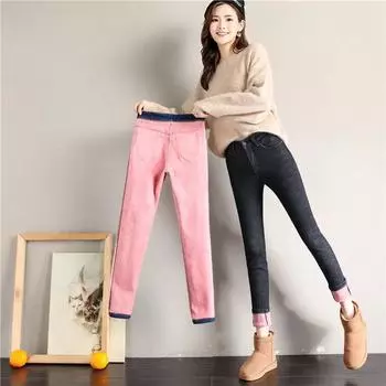 Женские зимние однотонные стеганые джинсы с эластичной завышенной талией, узкие теплые брюки 34