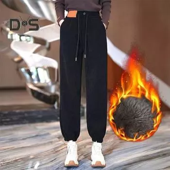 Женские зимние осенние брюки из плотного плюша с эластичной резинкой на талии и карманами, с резинкой на щиколотке, термостойкие, устойчивые к холоду, однотонные, свободные женские повседневные шаровары L темно-серого