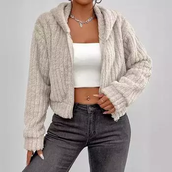 Женские зимние пальто, модные короткие плюшевые топы с капюшоном на молнии, повседневные куртки с длинным рукавом для женщин S легкие хаки