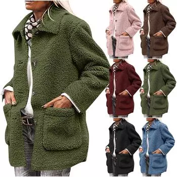 Женские зимние пальто с длинным рукавом, лацканами, карманами на пуговицах, флисовая куртка, повседневная модная верхняя одежда L чёрный