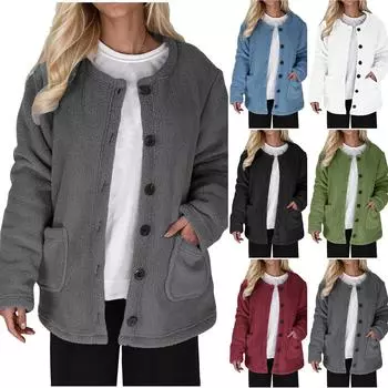 Женские зимние пальто с длинным рукавом, лацканами, карманами на пуговицах, флисовая куртка, повседневная модная верхняя одежда L армия зеленый