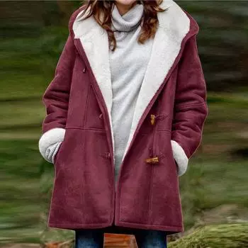 Женские зимние пальто средней длины на подкладке, теплые тяжелые куртки, утепленная ветрозащитная верхняя одежда с флисовым капюшоном, верхняя одежда S винный